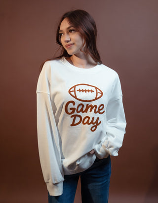 Friday Lights drop shoulder pullover with textured towel embroidery detail