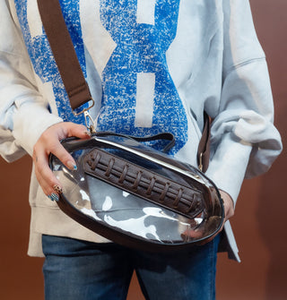 Clear stadium-approved crossbody bag with zipper closure and crossbody strap