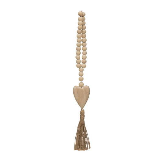 Wood Beads with Heart Icon and Jute Tassel - The Farmhouse