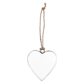 Close-up of enameled mango wood heart ornament with jute string loop