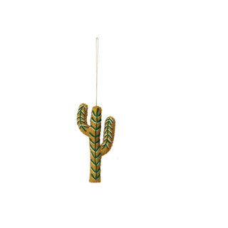 Detail view of embroidery on wool felt cactus ornament