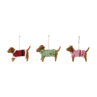 Alternate view of wool felt dachshund ornament with multicolor sweater details