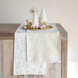 Woven Cotton Slub Table Runner w/ Metallic Gold Thread & Fringe - The Farmhouse