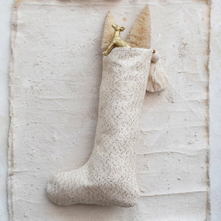 Woven Fabric Blend Stocking W/ Gold Sequins - Cream - The Farmhouse