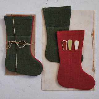Woven Jute Stocking Shaped Cutlery Sleeves - Red & Green - 430 Holiday Decor - The Farmhouse