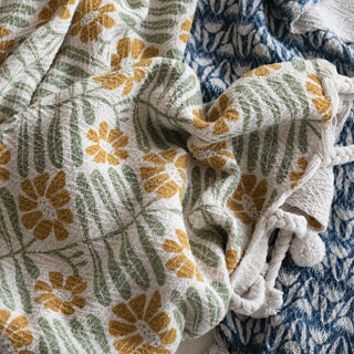 Woven Recycled Cotton Blend Printed Throw w/ Flowers & Braided Pom Pom Tassels - The Farmhouse