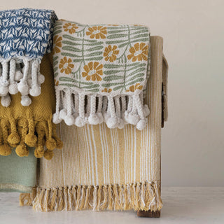 Woven Recycled Cotton Blend Printed Throw w/ Flowers & Braided Pom Pom Tassels - The Farmhouse