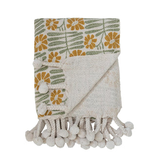 Woven Recycled Cotton Blend Printed Throw w/ Flowers & Braided Pom Pom Tassels - The Farmhouse