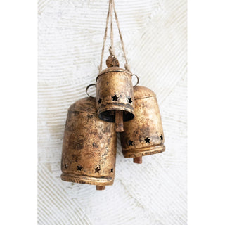 10 " H Metal Bell w / Star Cut-Outs on Jute Hanger , Antique Brass Finish