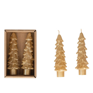 5"H Unscented Tree Shaped Taper Candles in Box, Gold, Set of 2