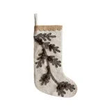 17 " H Wool Felt Stocking w / Appliqued Branch , Pom Poms & Scalloped Trim Muti