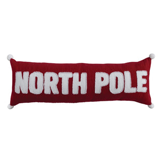 Woven Lumbar Pillow with Appliqued "North Pole" & Pom Poms, Red & White