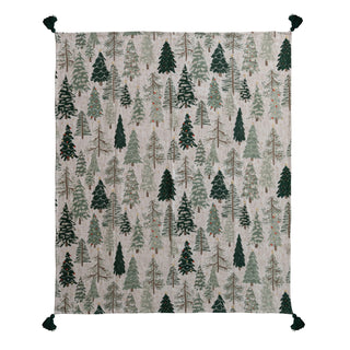 Cotton printed throw with tree pattern and tassels