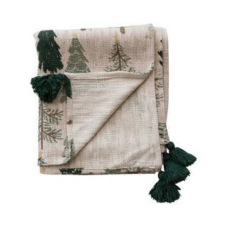 CREATIVE CO-OP Cotton Printed Throw with Tree Pattern and Tassels
