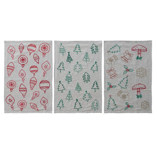 Embroidered Woven Cotton & Linen Tea Towel, 3 Styles
