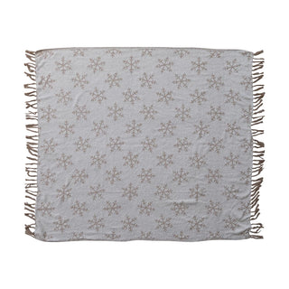 Woven Recycled Fabric Jacquard Throw with Snowflake Pattern & Fringe