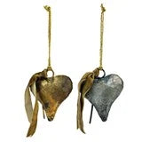 4 " H Metal Heart Shaped Bell Ornament w Brown Velvet Ribbon , Antique Finish