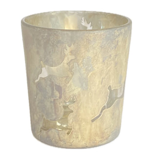 Glass Tealight/Votive Holder w Reindeer Pattern, Antique Frosted Silver Finish