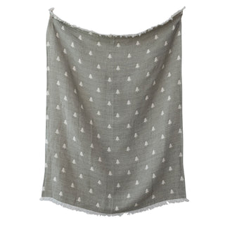 Sage and natural cotton double cloth throw with embroidered trees