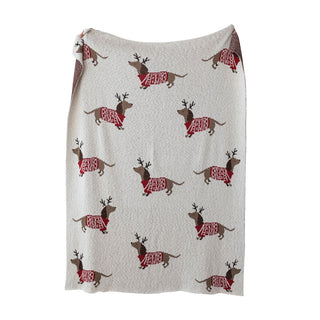 CREATIVE CO-OP Cotton Knit Throw with Dachshunds in Antlers & Sweaters, Natural, Red & Brown