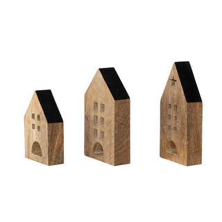 CREATIVE CO-OP Mango Wood Houses with Black Edges, Natural, Set of 3