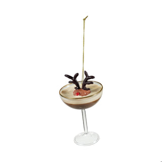 Glass Espresso Martini Ornament with Deer Head, Brown & Cream Color