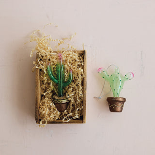 Glass Cactus in Pot Ornament with Glitter