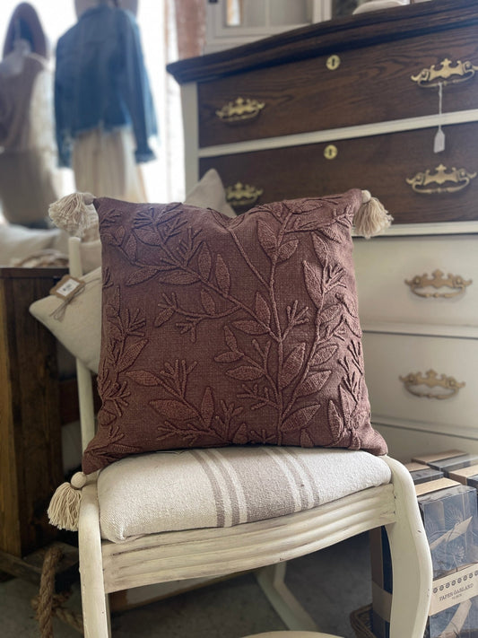 Aubergine Embroidered Stonewashed Cotton Pillow 18' - The Farmhouse