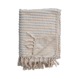 Cotton & Acrylic Throw w/ Fringe, Stripes & Gold Thread, Beige & White - The Farmhouse AZ