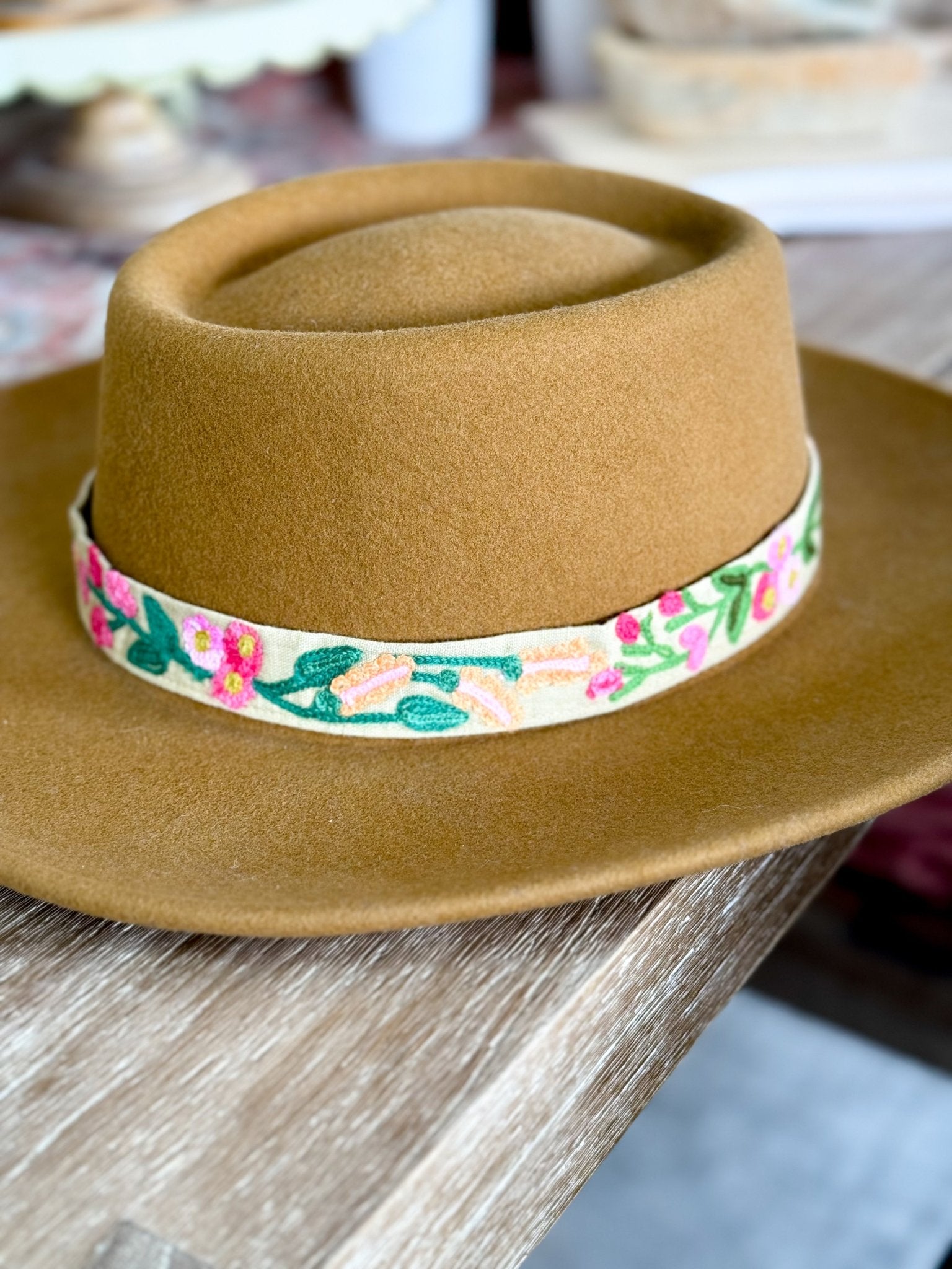 Embroidered Floral Hat Band - Beige - The Farmhouse