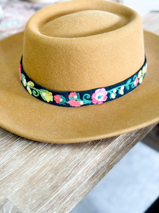 Embroidered Floral Hat Band - Black - The Farmhouse