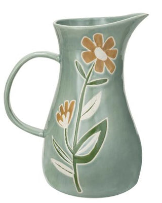 Green Stoneware Pitcher W/ Flowers - The Farmhouse