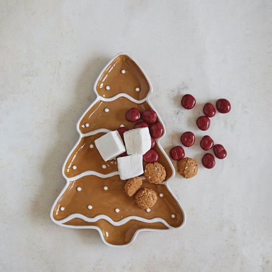 Hand-Painted Ceramic Gingerbread Tree Shaped Platter, Brown & White - The Farmhouse AZ