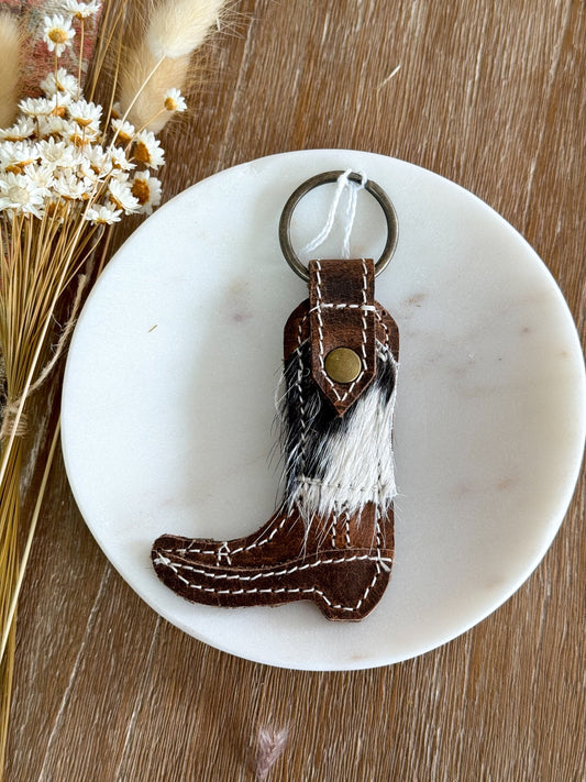 Leather Boot Keychain - Black/White Cowhide - The Farmhouse
