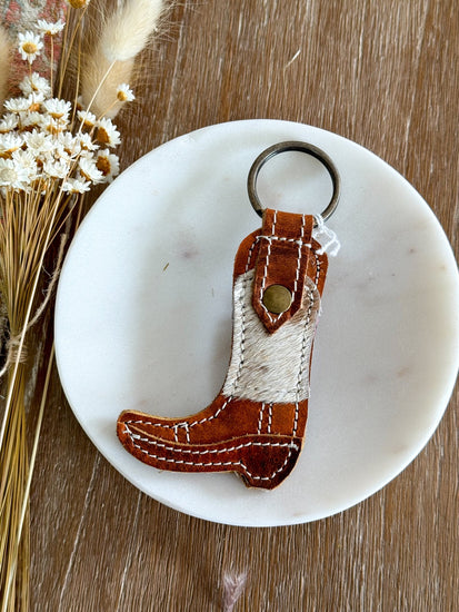Leather Boot Keychain - Tan/White Cowhide - The Farmhouse