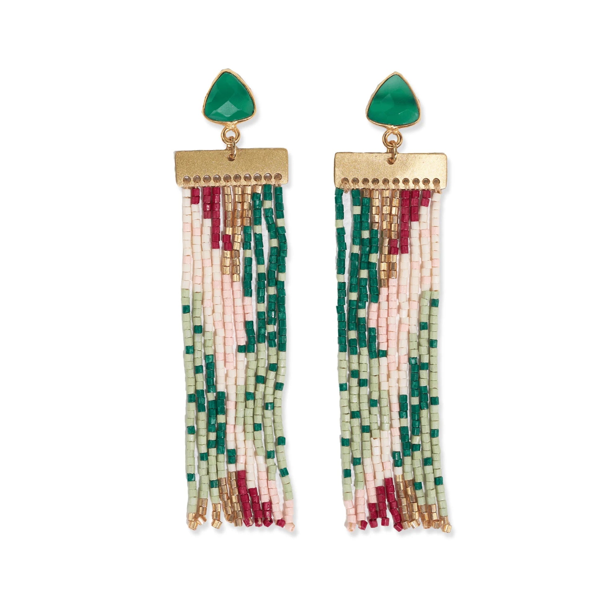 Lilah Semi-Precious Stone Post With Organic Shapes Beaded Fringe Earrings Emerald - The Farmhouse AZ