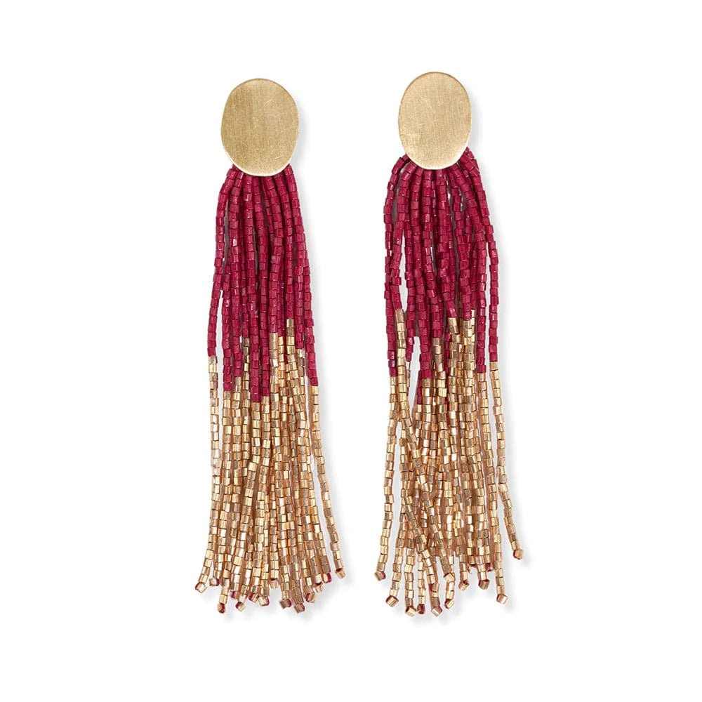Mae Oval Brass Post 2-Color Beaded Tassel Earrings Red - The Farmhouse