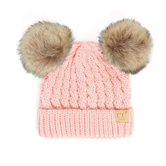 Youth Double Pom Beanie - Pale Pink - The Farmhouse